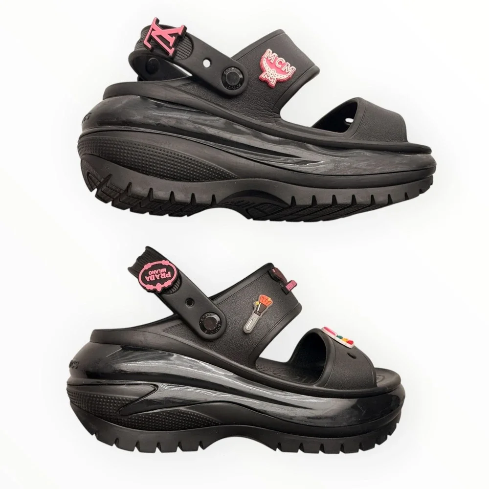 Crocs Mega Crush Sandals Black Platform Custom Designer Inspired Charms Womens 7